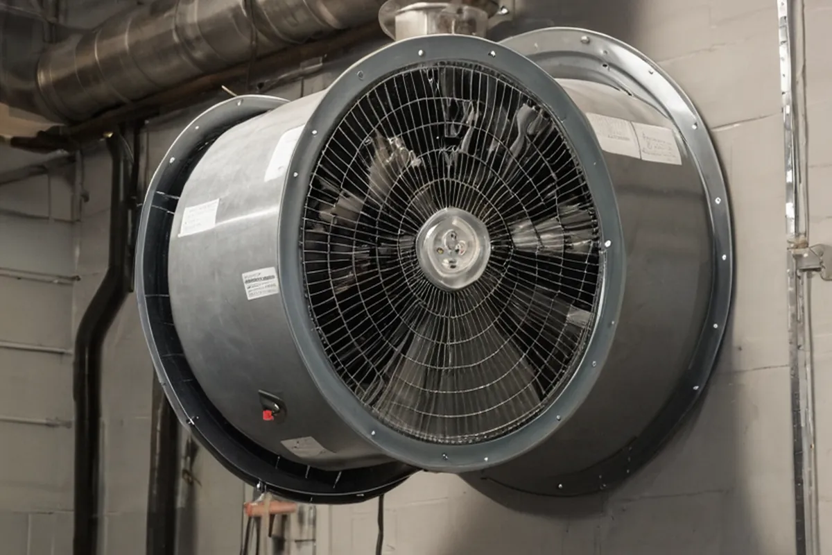 Inline extraction fan and ducting on a workshop wall