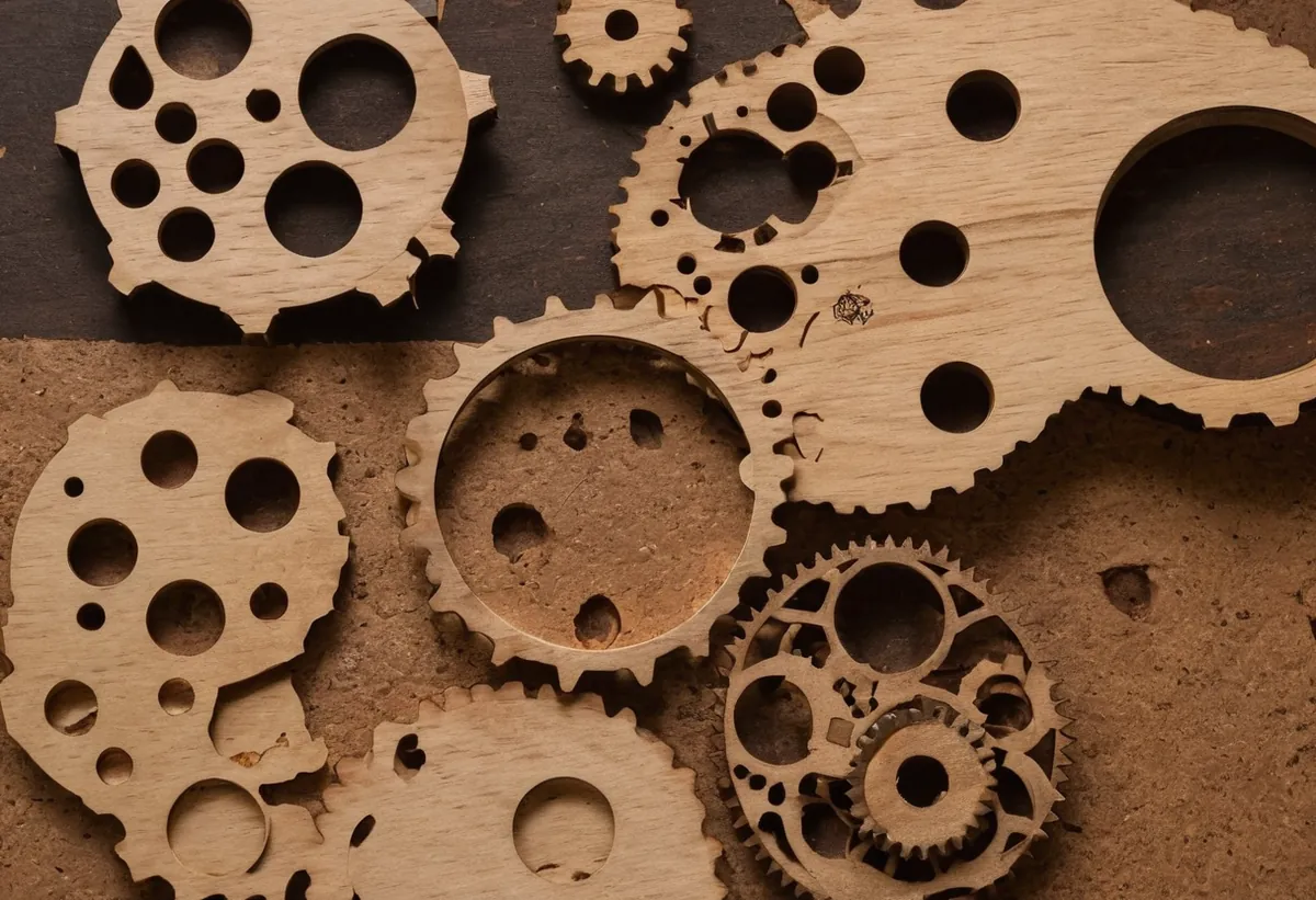 Laser-cut birch plywood shapes with charred cut edges