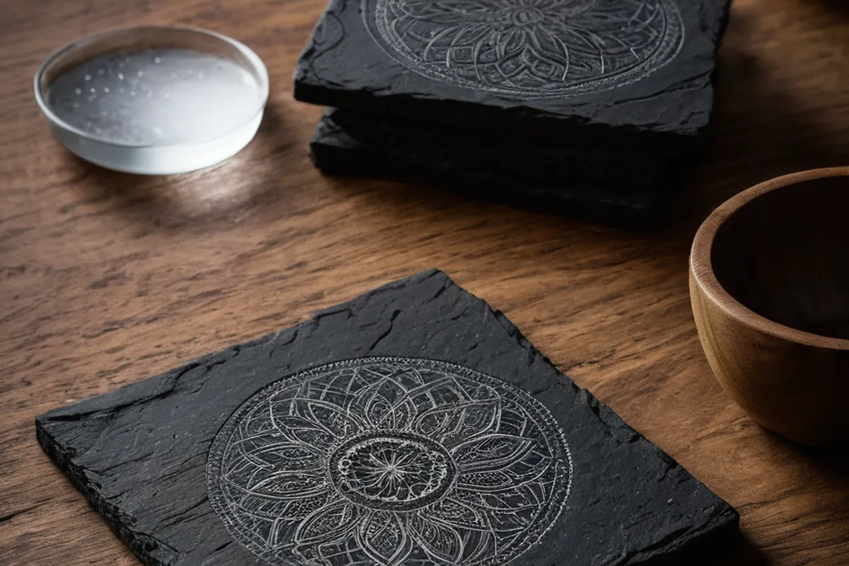 A laser-engraved slate coaster with a frosted pattern